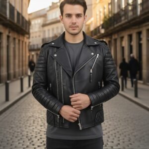 Men's Handcrafted Black Cowhide Leather Motorcycle Jacket with YKK Zips