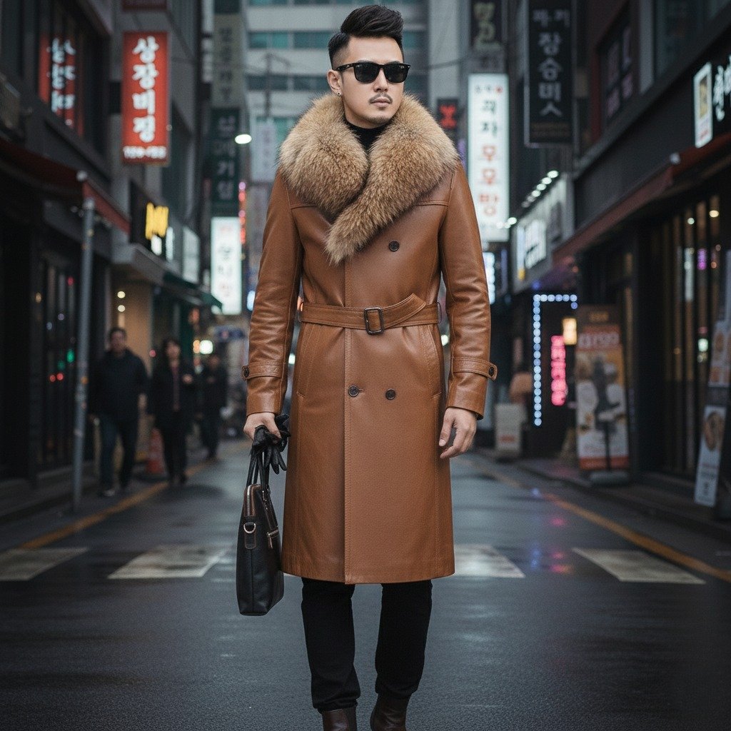 Men’s Brown Leather Trench Coat with Fur Collar