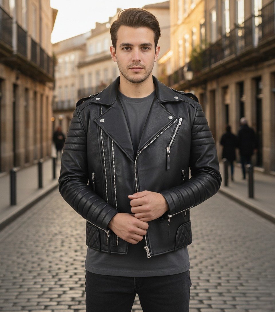 Men's Handcrafted Black Cowhide Leather Motorcycle Jacket with YKK Zips