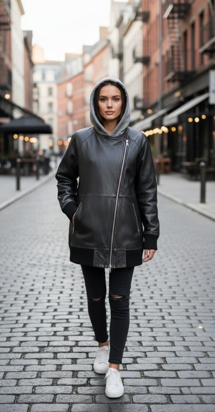 Women’s Black Hooded Leather Jacket