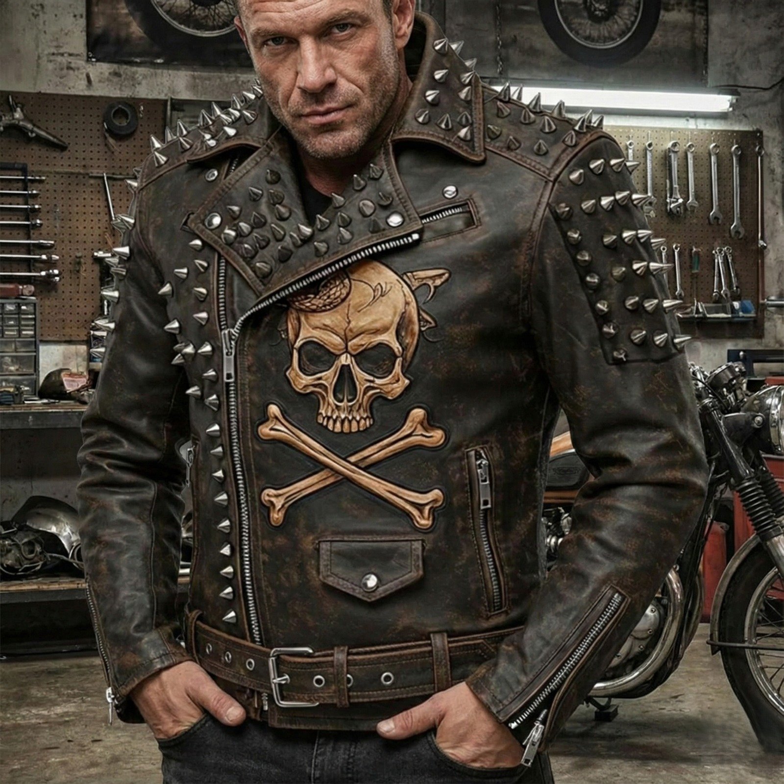 Men’s Studded Skull Leather Biker Jacket
