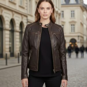 Women's Distressed Brown Cowhide Leather Cafe Racer Jacket