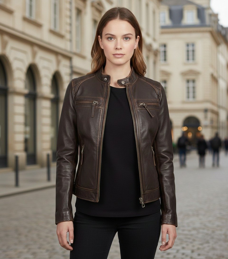 Women's Distressed Brown Cowhide Leather Cafe Racer Jacket