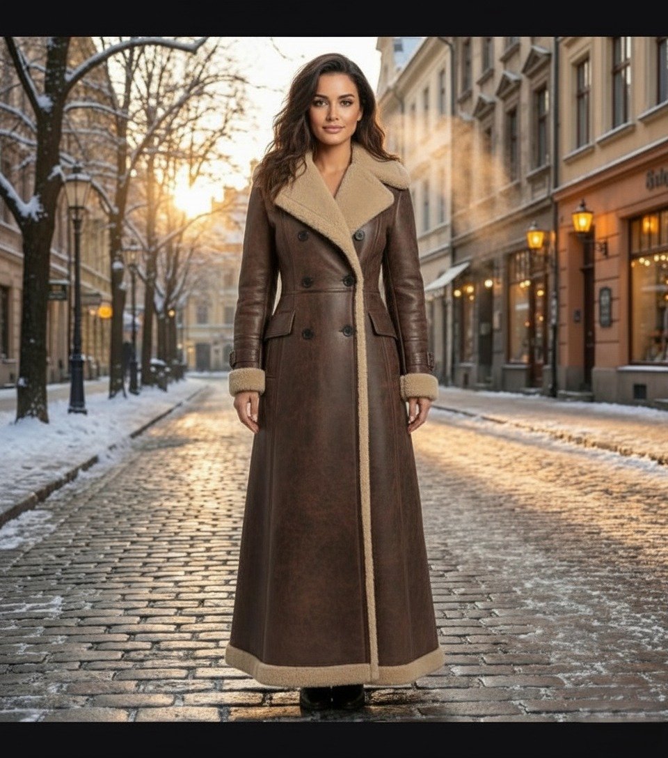 Women’s Brown Shearling Long Leather Coat